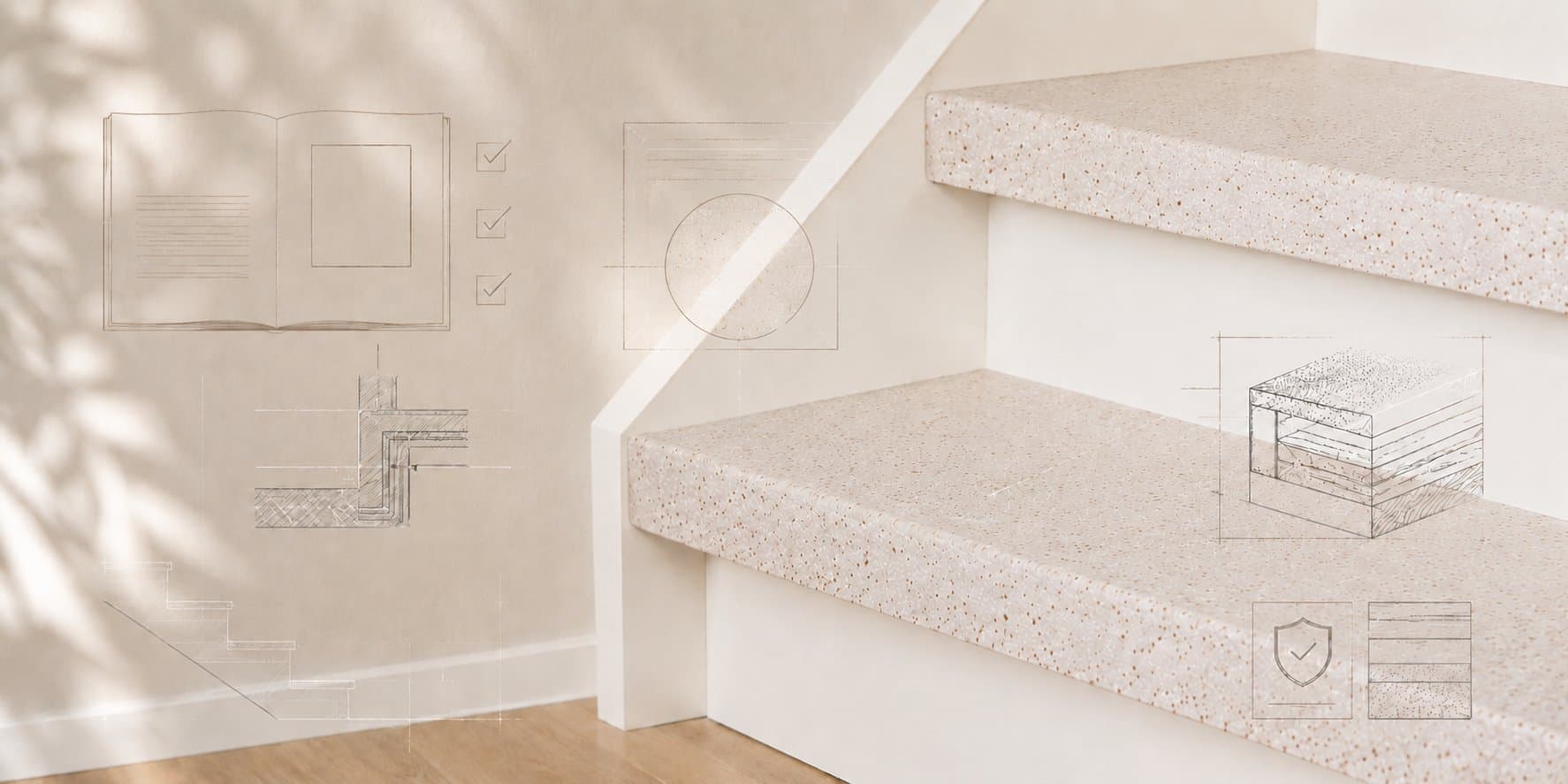 Trap met licht terrazzo treden in gerecycled natuursteen composiet, met schetslijnen van een prestatiegids en opbouwdetails