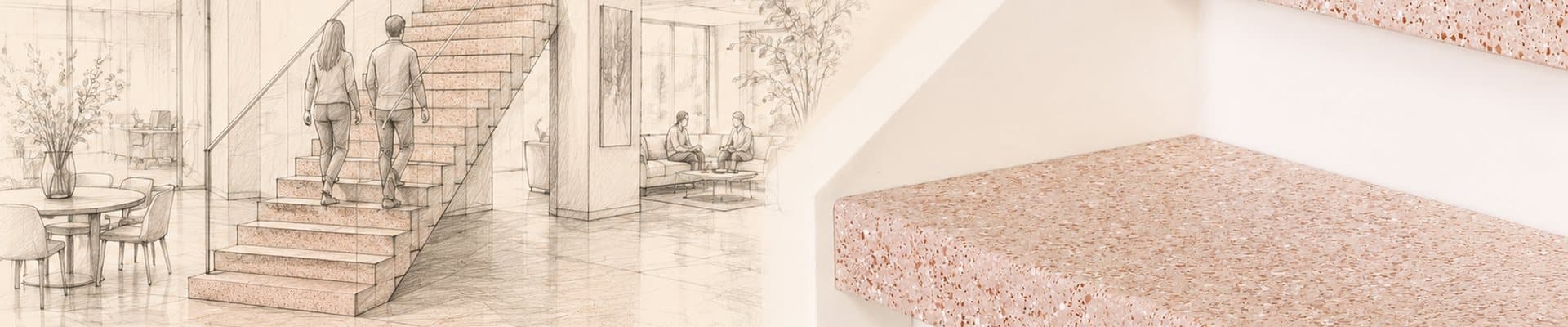 Modern interieur, half als potloodschets en half fotorealistisch weergegeven, met traptreden in terrazzo van natuursteen composiet vol fijne Designpigmenten