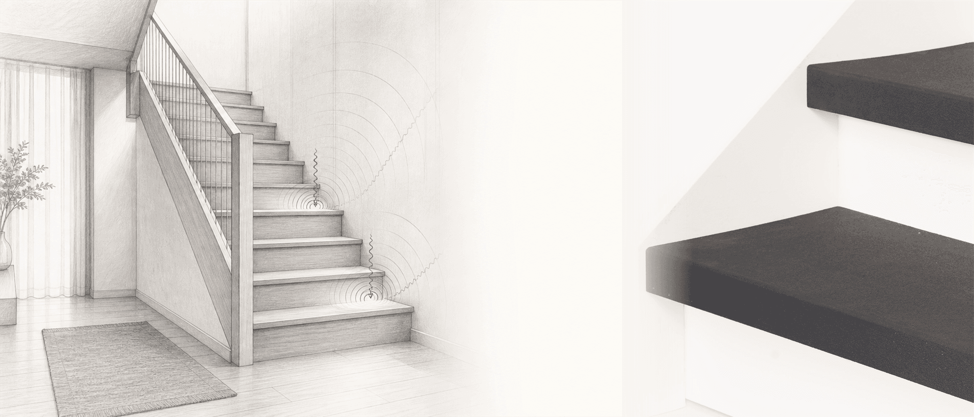 Akoestische schets van een trap met geluidsgolven naast volledig beklede EverStep-traptreden in Charcoal Stone.