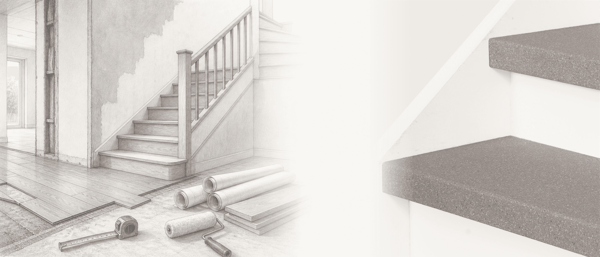 Trap tijdens een woningverbouwing met meetgereedschap, bouwmaterialen en volledig beklede EverStep-traptreden in Urban Mist.