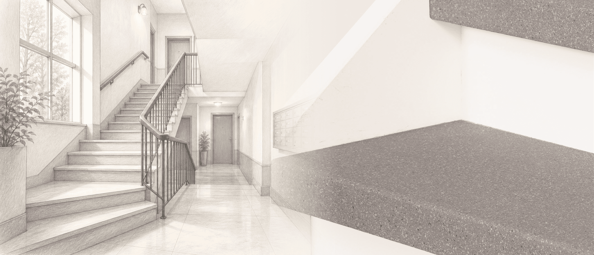 Modern trappenhuis in een utiliteitsgebouw naast volledig beklede EverStep-traptreden in Slate Grey