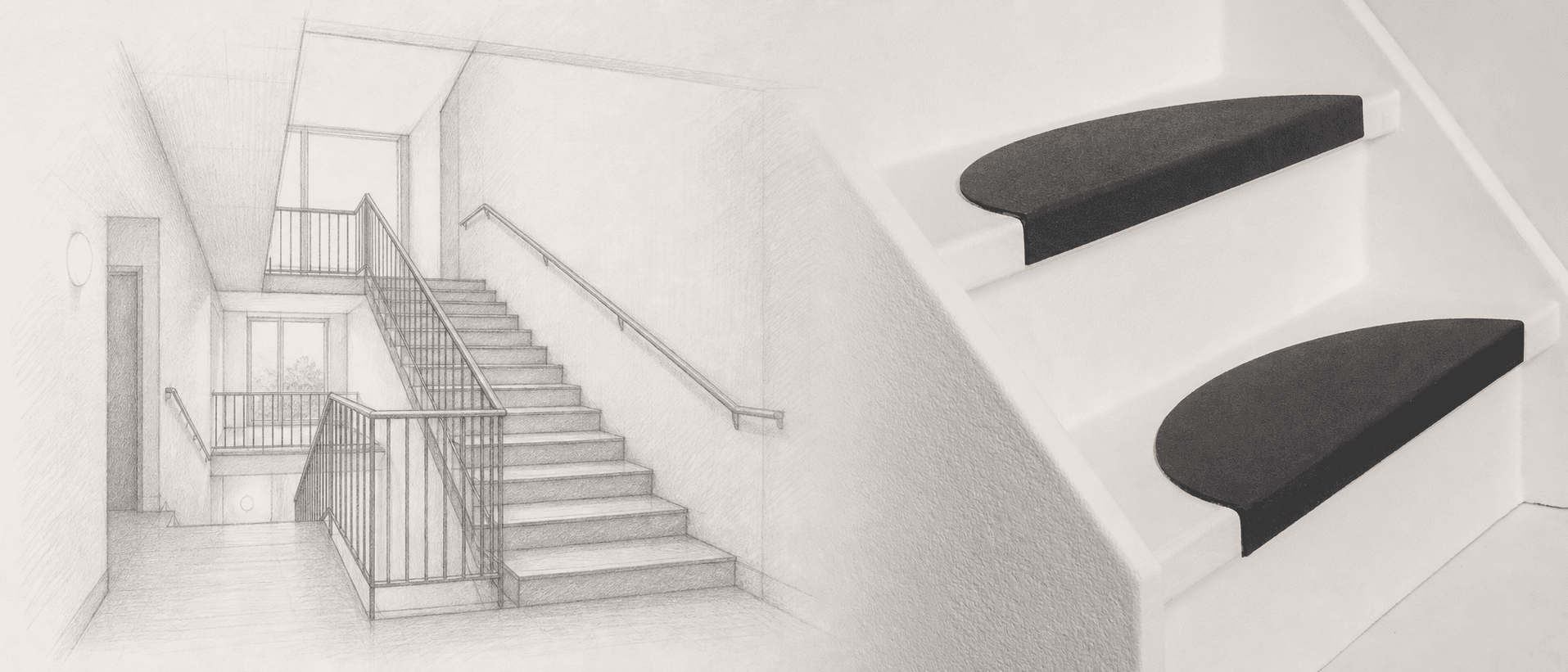 Omnistair Charcoal Stone-traptreden naast een schets van een gemeenschappelijk trappenhuis voor VvE's