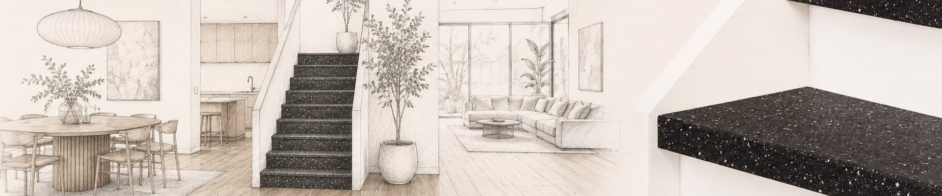 Overgang van een lichte houten vloer naar een trap met terrazzo treden in een warm modern interieur, harmonieuze materiaalcombinatie