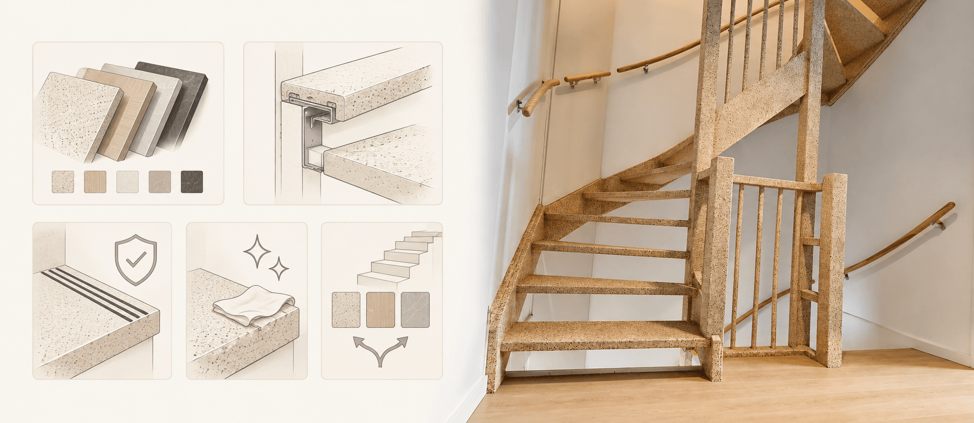 Visueel overzicht van materialen, technische details, veiligheid, onderhoud en keuzehulp naast een echte Omnistair-trap.