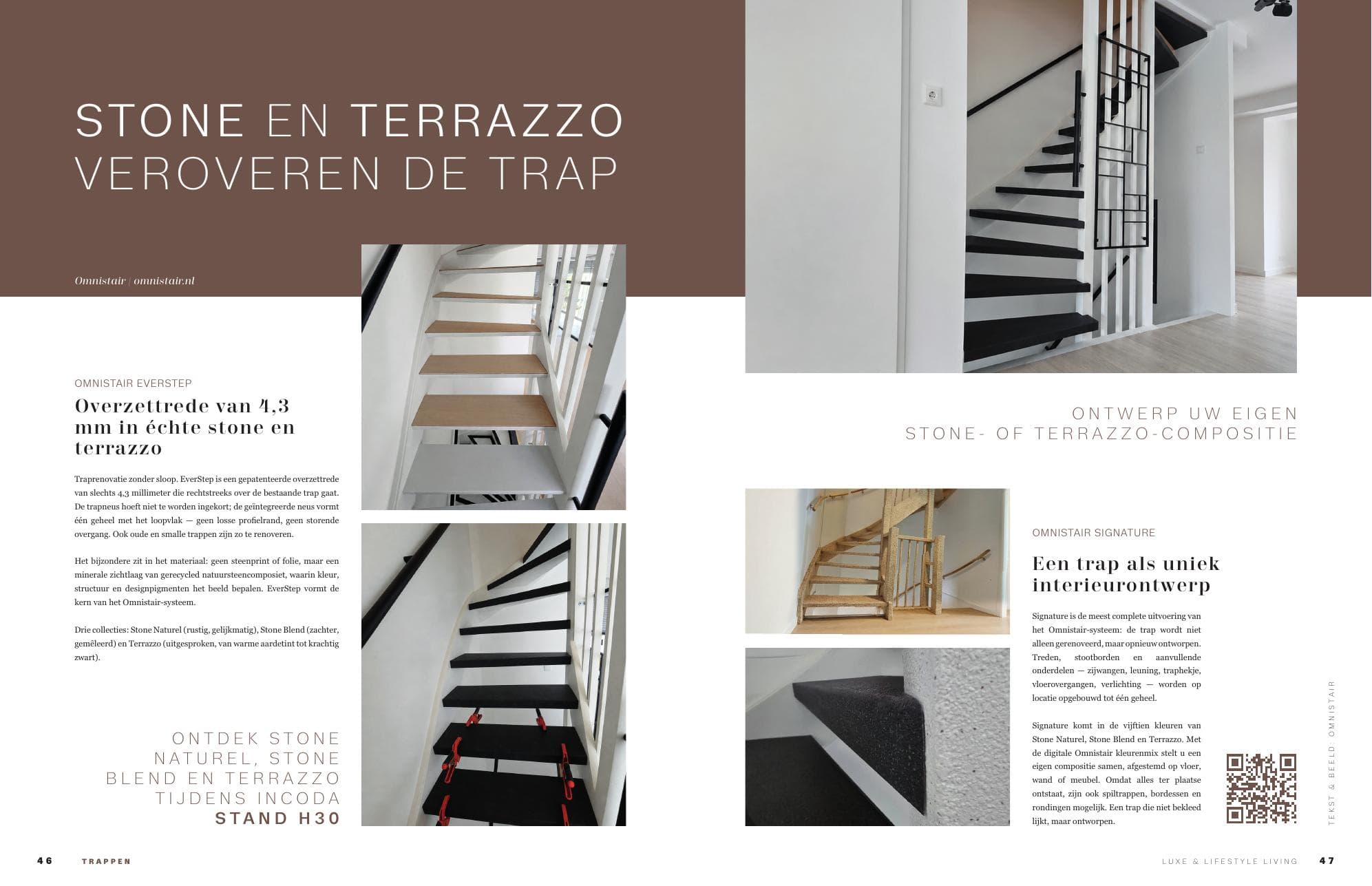 Omnistair advertorial in L&L Living, InCoDa Special 2026 — pagina 46-47: Stone en terrazzo veroveren de trap