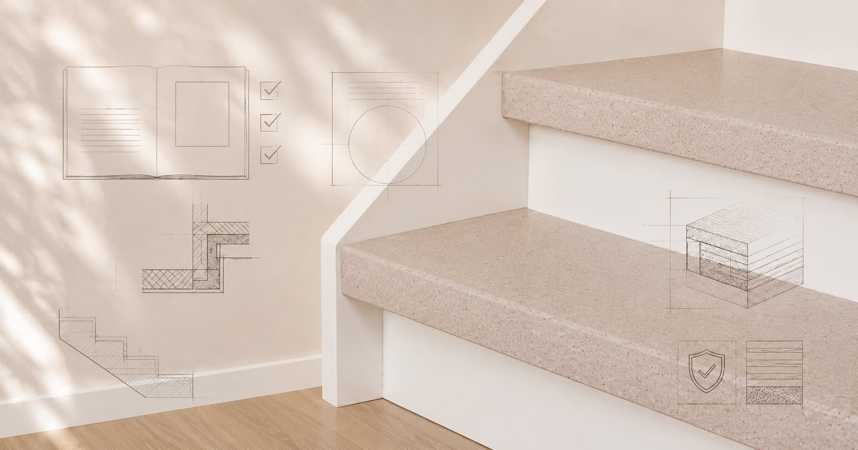 Trap met licht terrazzo overzettreden in gerecycled natuursteen composiet, met schetslijnen van een vergelijkingsgids, opbouwdetails en materiaallagen