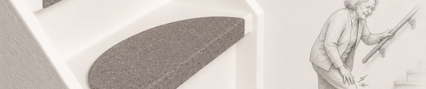 Trap met halvemaanvormige GripStep treden in gerecycled natuursteen composiet, met een wandschets van een vrouw met kniepijn bij de trapleuning