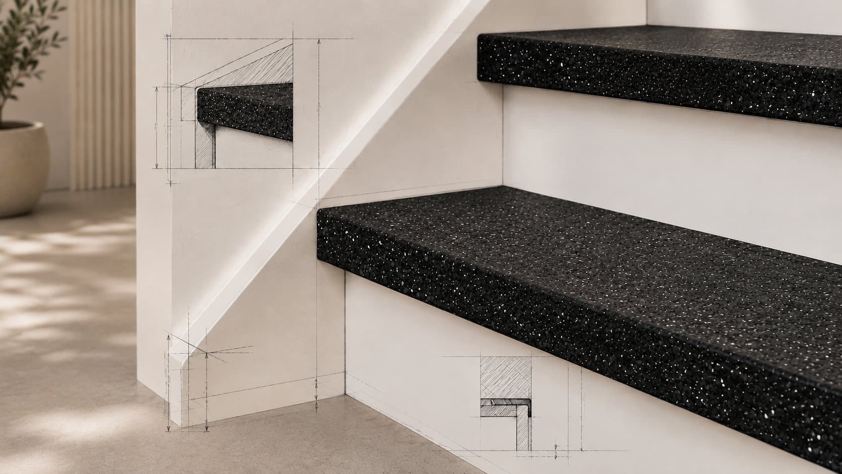 Trap met donkere terrazzo treden in gerecycled natuursteen composiet, met technische schetslijnen van de trapneusdetaillering