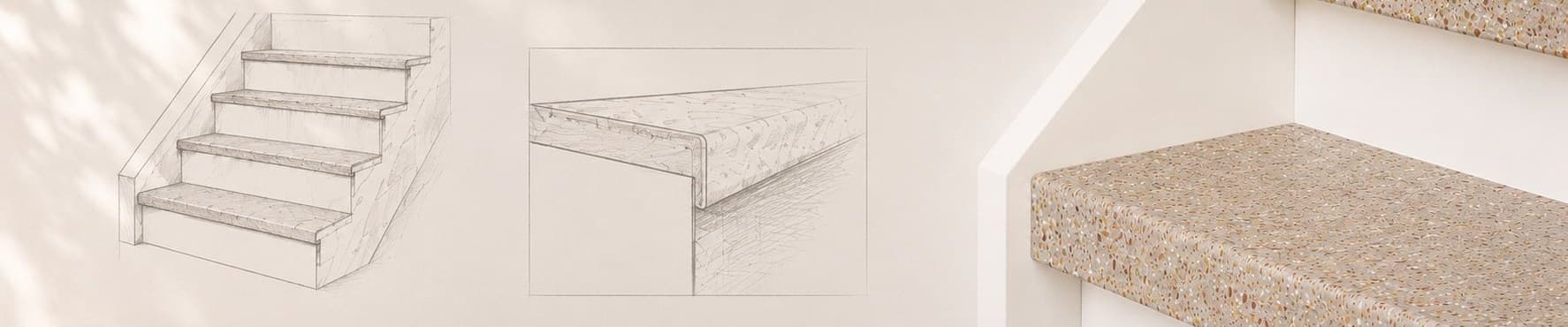 Trap met terrazzo overzettreden in gerecycled natuursteen composiet, met technische schetsen van het overzettredensysteem
