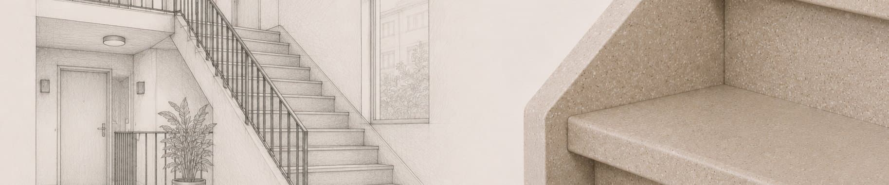 Wandschets van een portiek-trappenhuis over twee verdiepingen in een appartementengebouw, met echte lichte steencomposiet treden